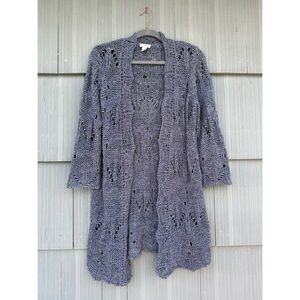 CHICO'S long open front crochet knit cardigan sweater, blue gray, size 1 US 8/M